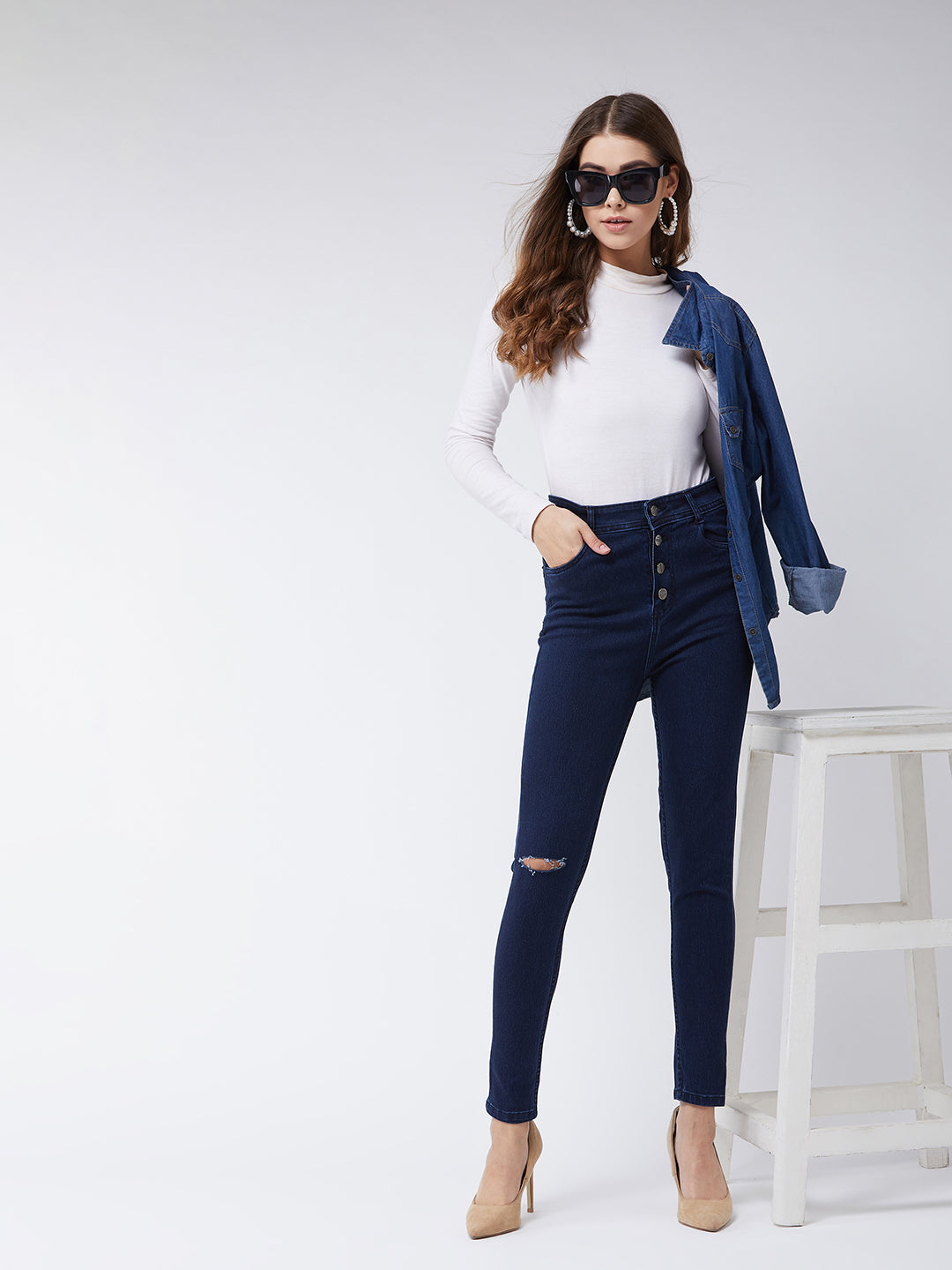 Women's Navy-Blue Skinny High-Rise Knee-Slit Denim Jeans