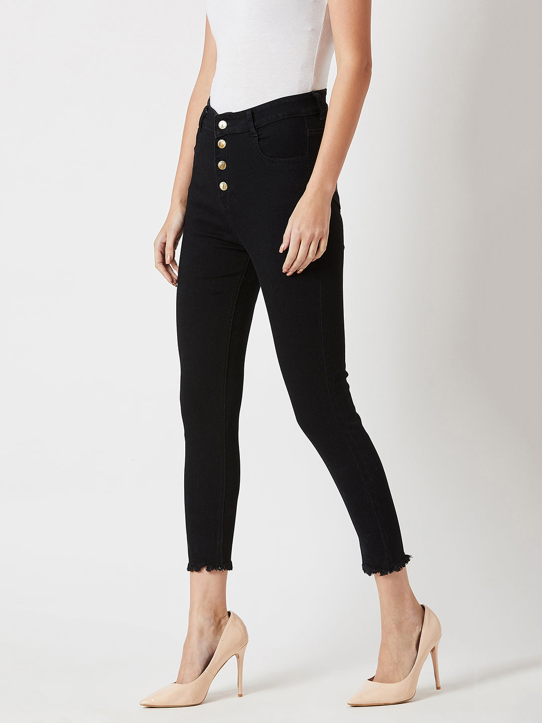 Women's Black Skinny High-Rise Clean-Look Cropped Fringed Hemline Solid Stretchable Denim Jeans