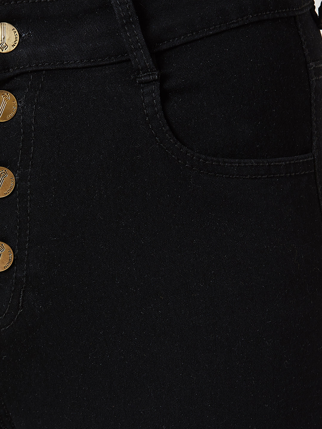 Women's Black Skinny High-Rise Clean-Look Cropped Fringed Hemline Solid Stretchable Denim Jeans