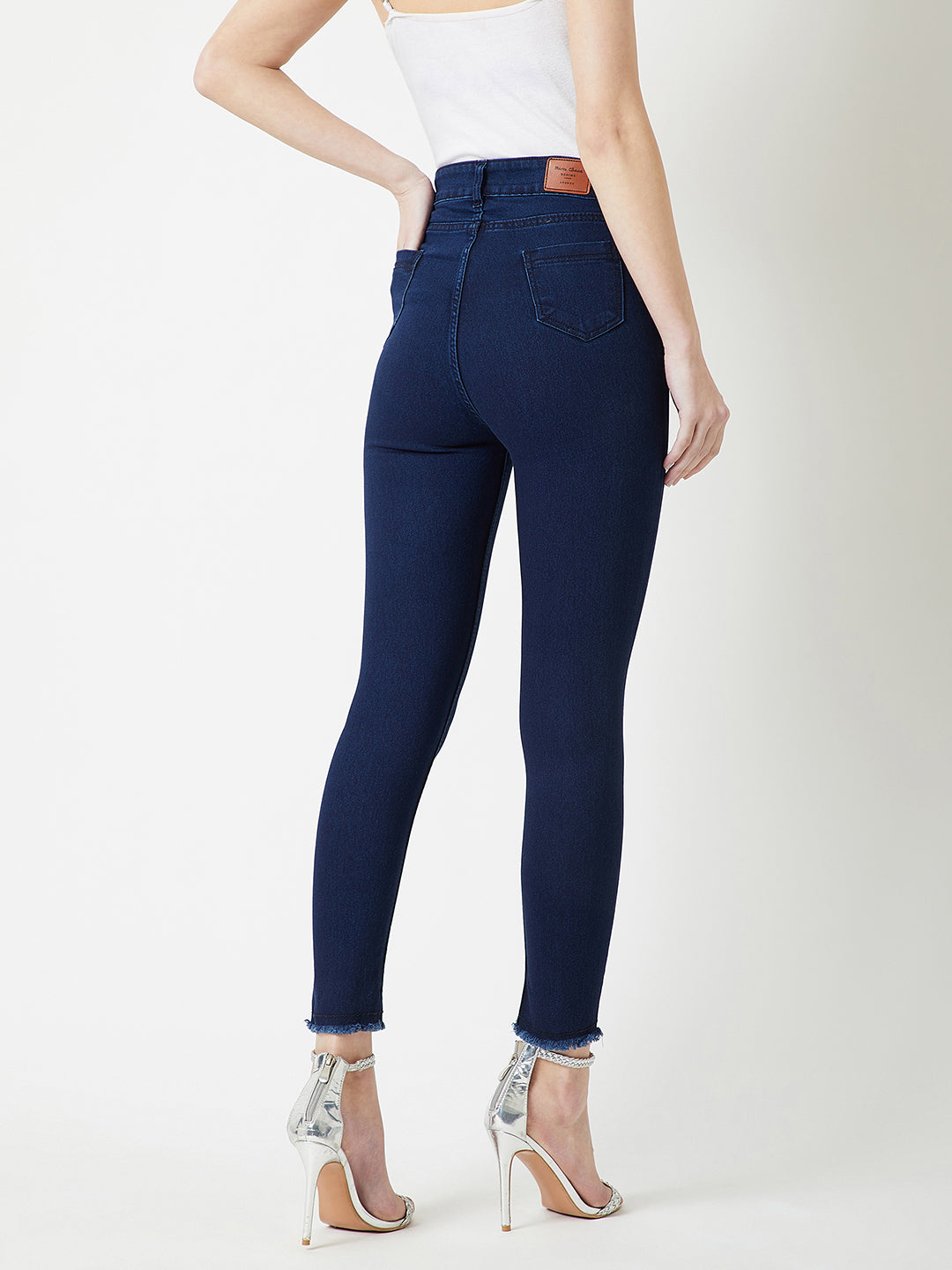 24/7 Comfort Navy-Blue Skinny High-Rise Solid Cropped Fringed Hemline Stretchable Denim Jeans