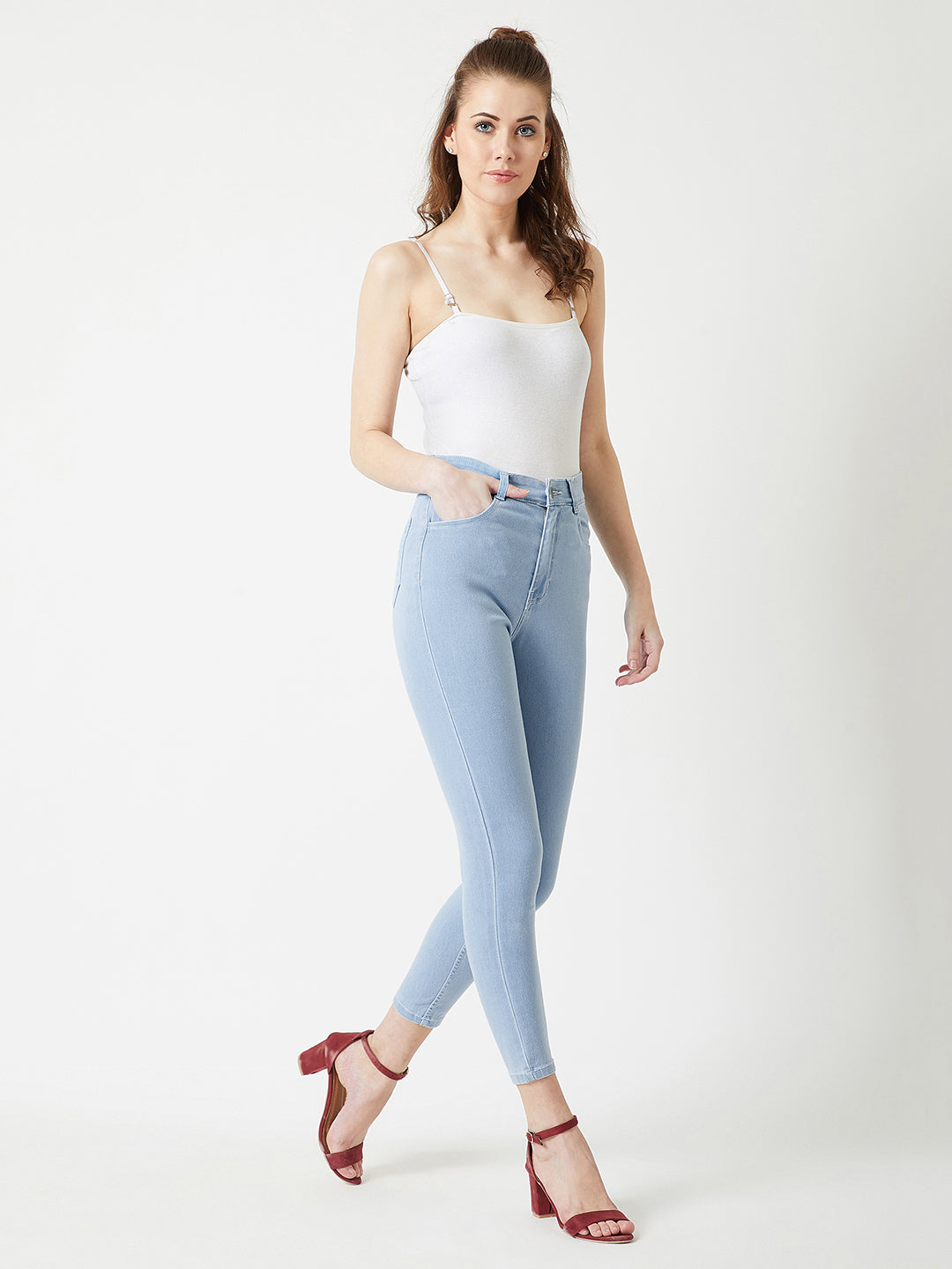 Women's Light Blue Skinny Fringed Hemline Detailing High-Rise Ice-Wash Clean-Look Cropped Solid Stretchable Denim Jeans