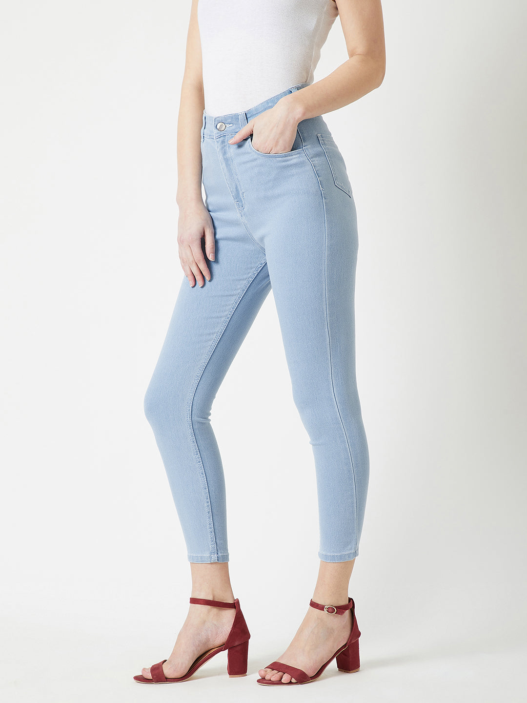 Women's Light Blue Skinny Fringed Hemline Detailing High-Rise Ice-Wash Clean-Look Cropped Solid Stretchable Denim Jeans