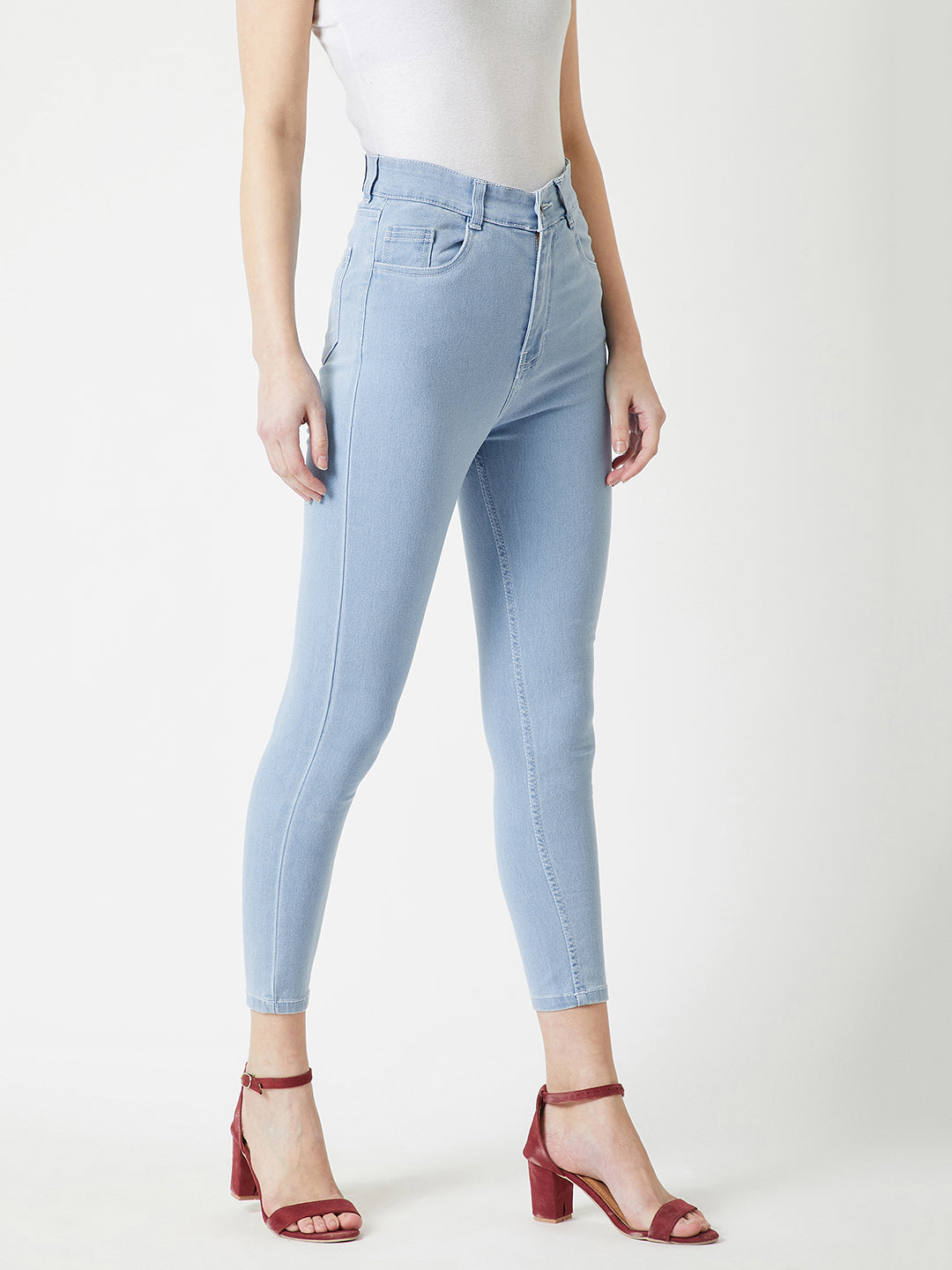 Women's Light Blue Skinny Fringed Hemline Detailing High-Rise Ice-Wash Clean-Look Cropped Solid Stretchable Denim Jeans