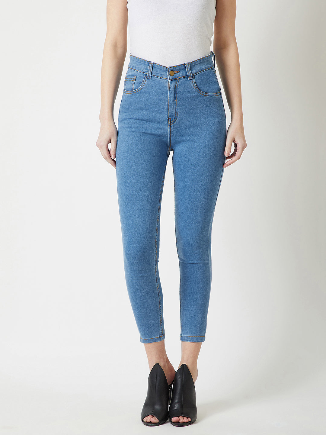 24/7 Comfort Blue Solid Skinny High-Rise Cropped Stretchable Denim Jeans