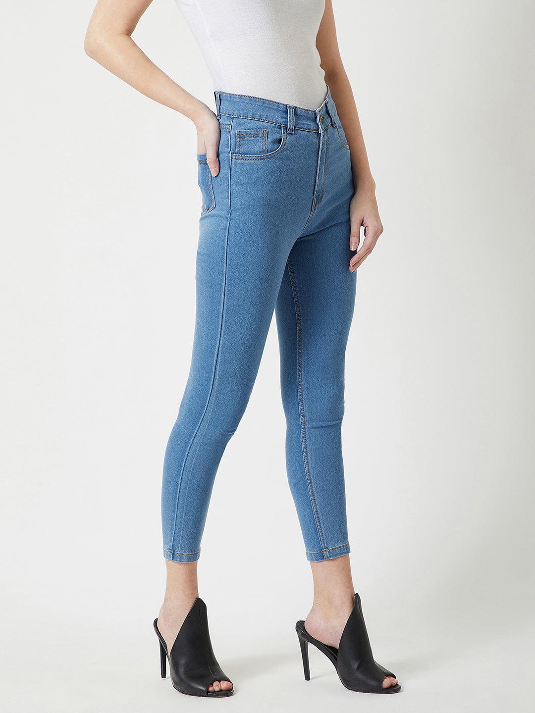 24/7 Comfort Blue Solid Skinny High-Rise Cropped Stretchable Denim Jeans