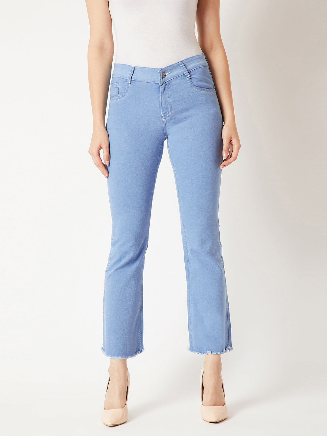 Women's Light Blue Bell-Bottom Bootcut Hourglass High-Rise Cropped Stretchable Denim Jeans