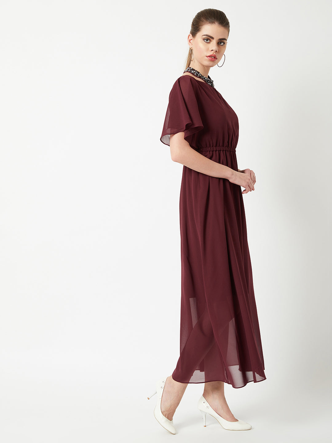 Women's Wine Red Round Neck Flared Solid Embellished Choker/Gathered Maxi Dress