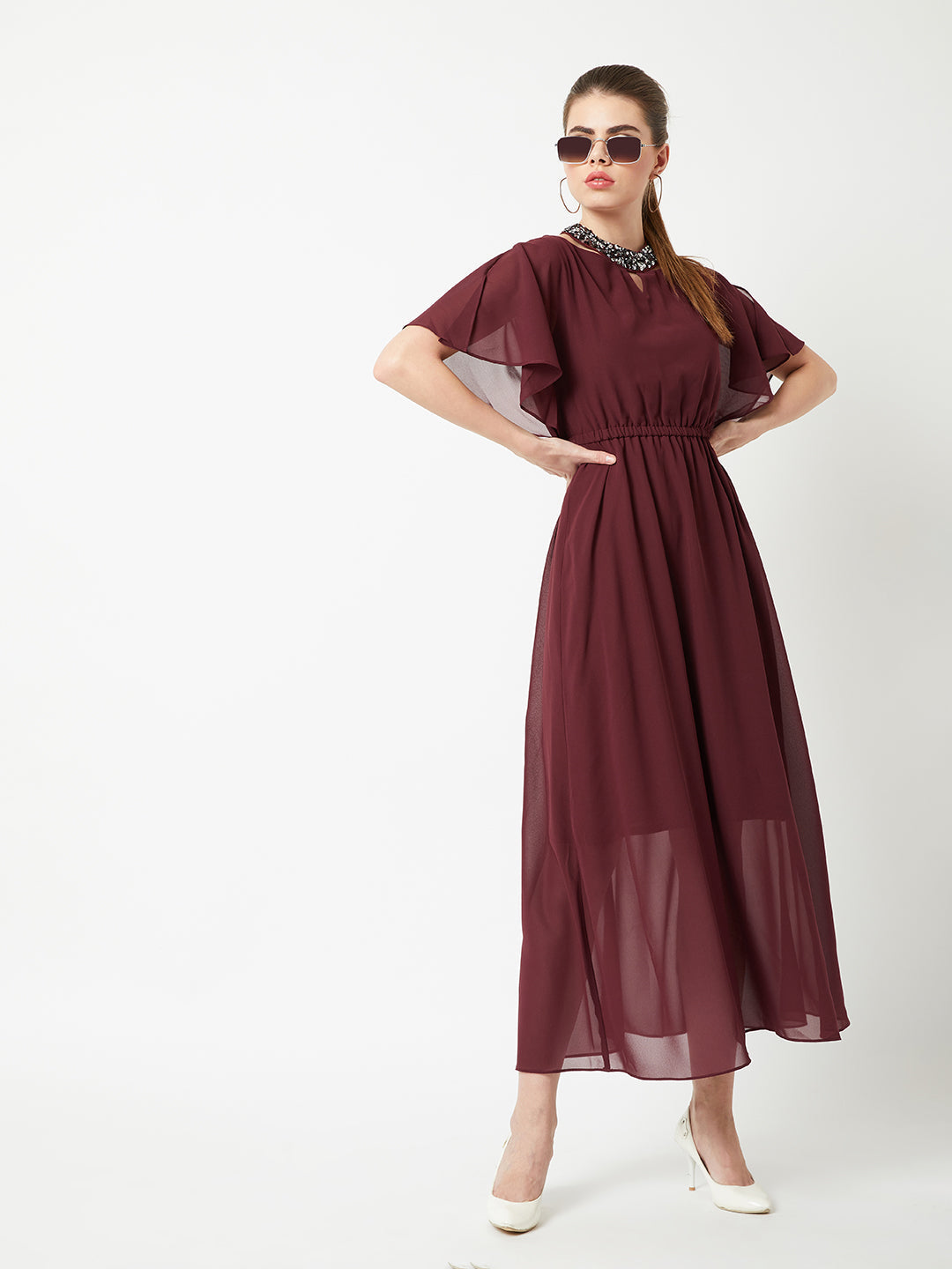 Women's Wine Red Round Neck Flared Solid Embellished Choker/Gathered Maxi Dress