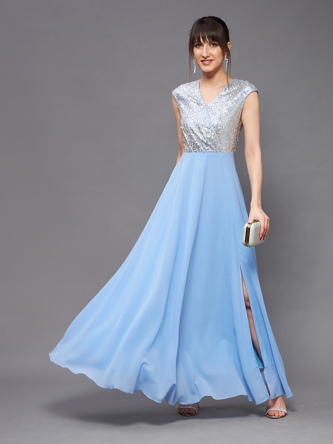 Women's Sky Blue & Gold V-Neck Sleeveless Embellished Wrap Maxi Dress
