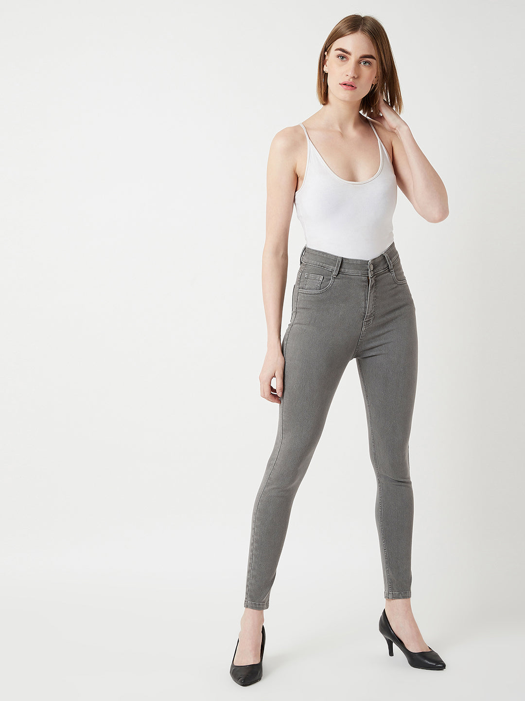 Women's Grey Skinny High-Rise Clean-Look Regular Stretchable Denim Jeans