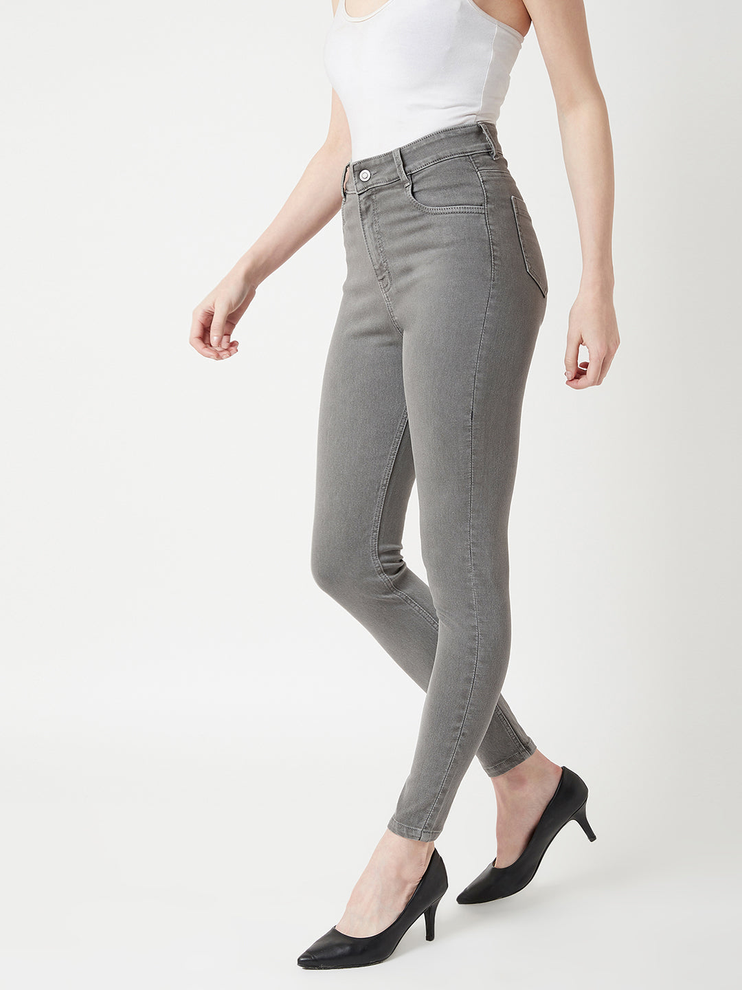 Women's Grey Skinny High-Rise Clean-Look Regular Stretchable Denim Jeans
