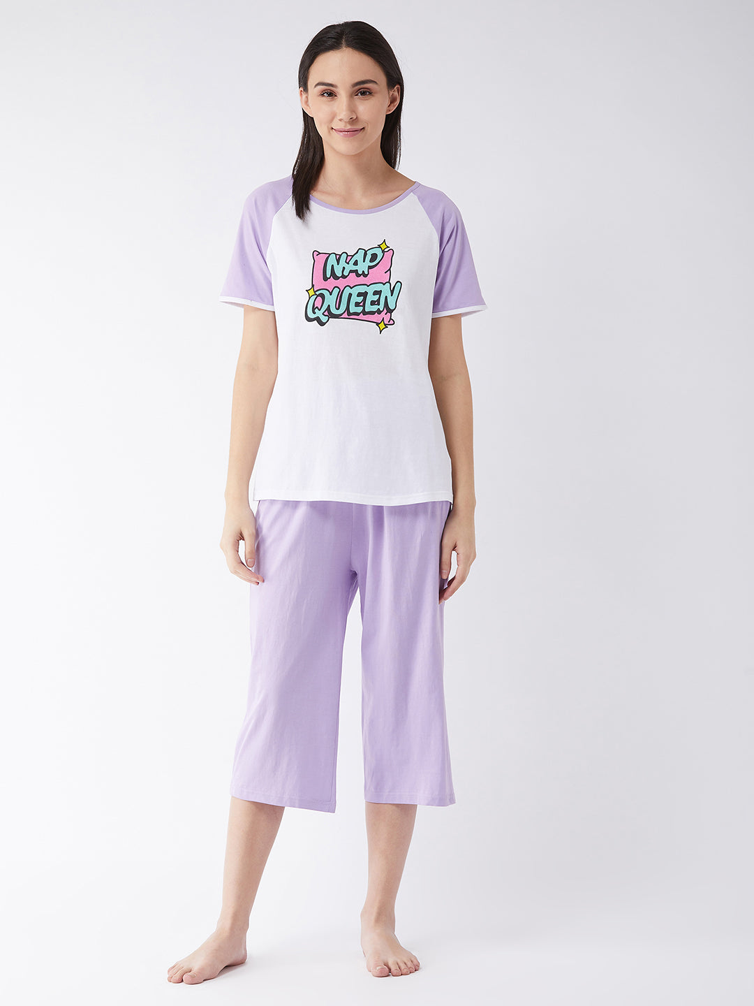 Women's White and Lilac Round Neck Short Sleeves Regular Length Top & Capri Set