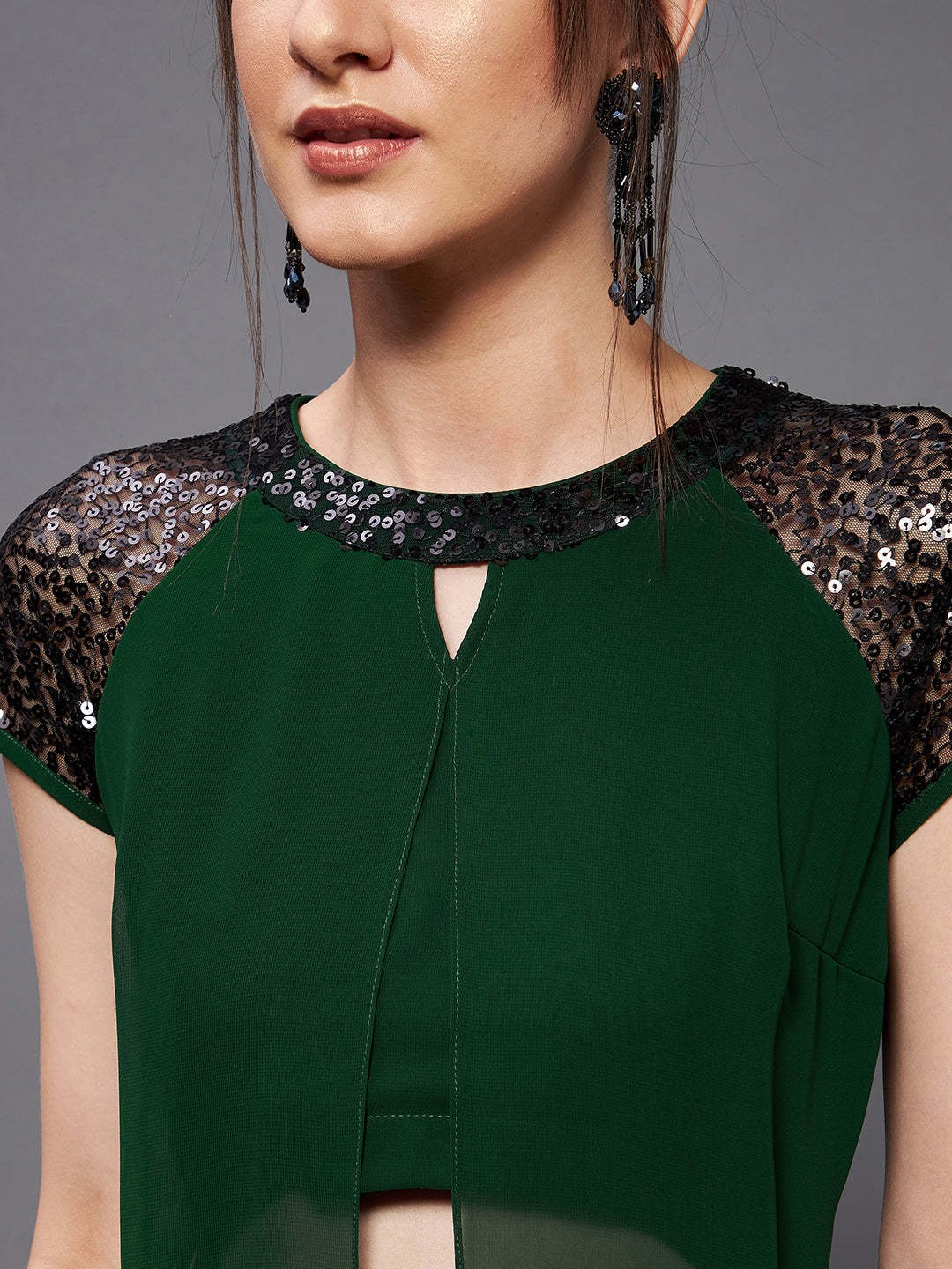 Women's Dark Green Round Neck Raglan Sleeve Sequined Layered Party Jumpsuit