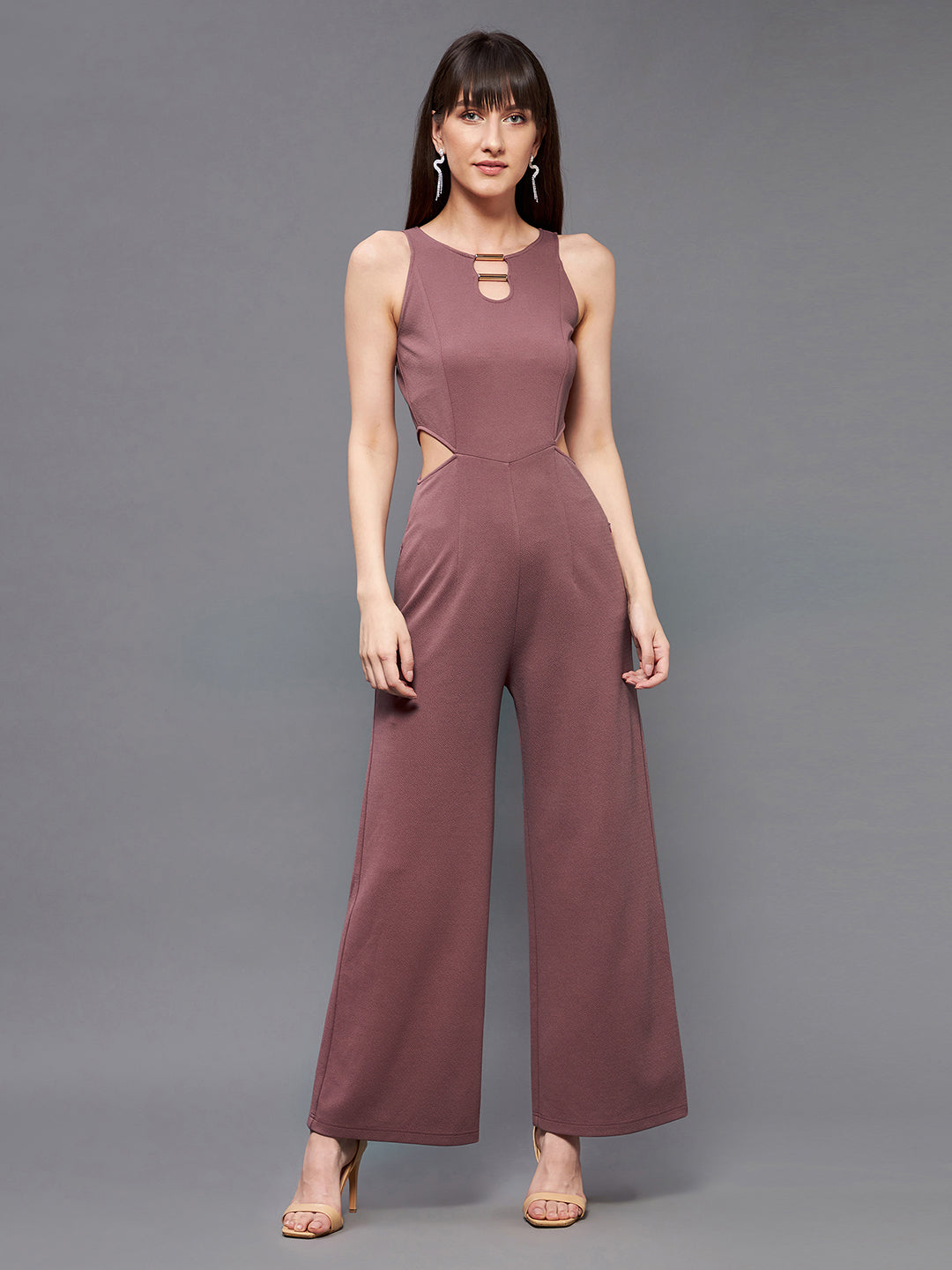 Crease Ease Women's Mauve Round Sleeveless Polyester Solid Waist Cut-Out Regular Jumpsuit