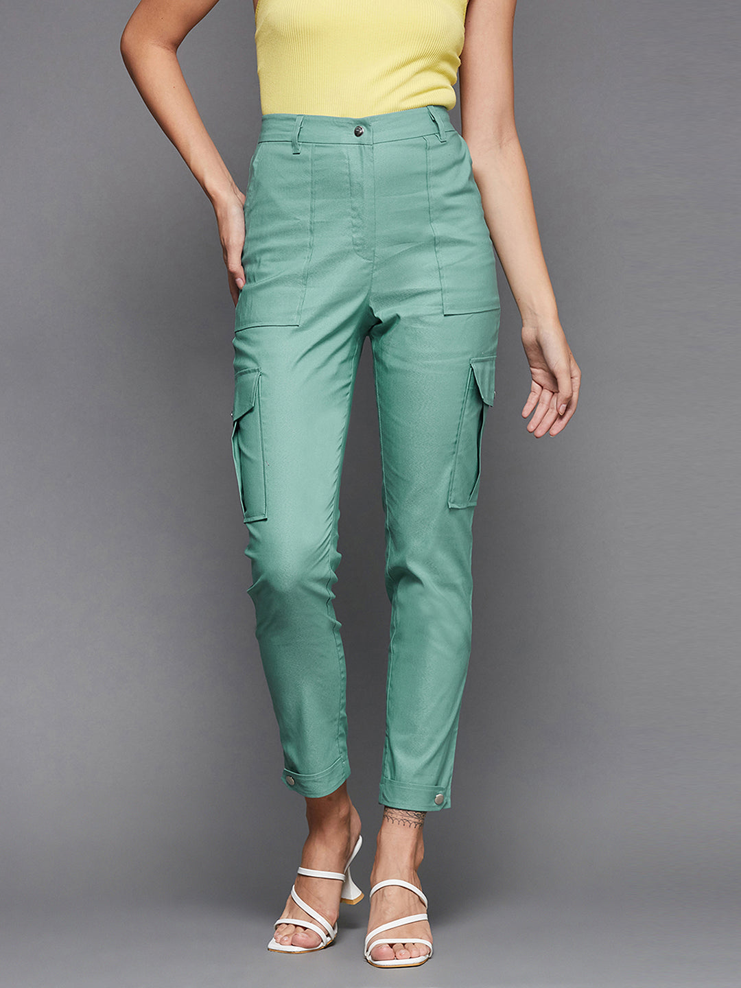 Women's Turquoise Solid Polyester High-Waist Regular Length Trousers
