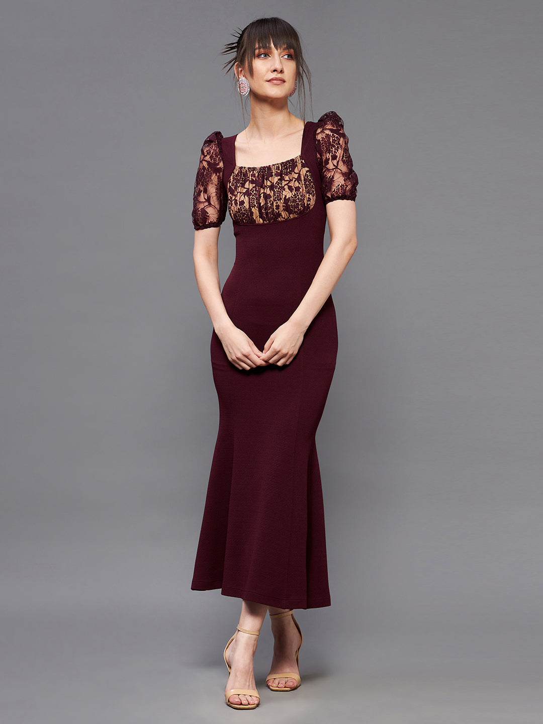 Crease Ease Women's Wine Square Neck Short Puff Sleeve Lace Bodycon Midi Dress