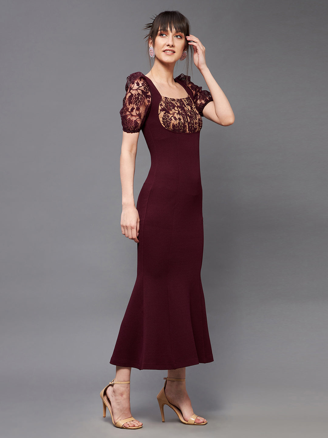 Crease Ease Women's Wine Square Neck Short Puff Sleeve Lace Bodycon Midi Dress