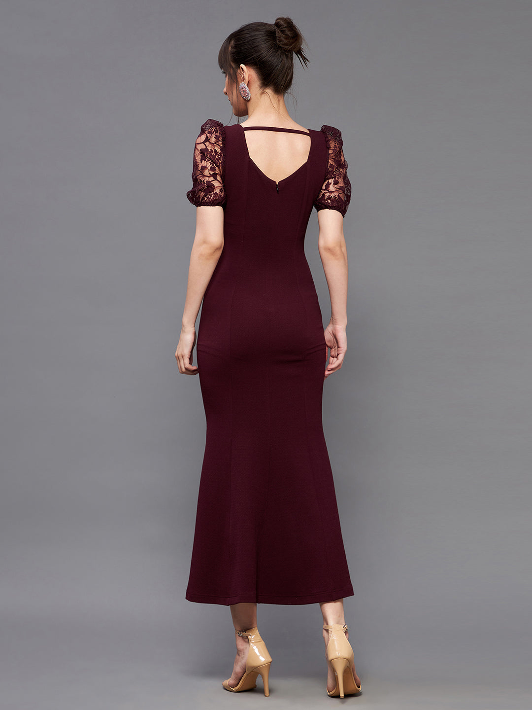Crease Ease Women's Wine Square Neck Short Puff Sleeve Lace Bodycon Midi Dress