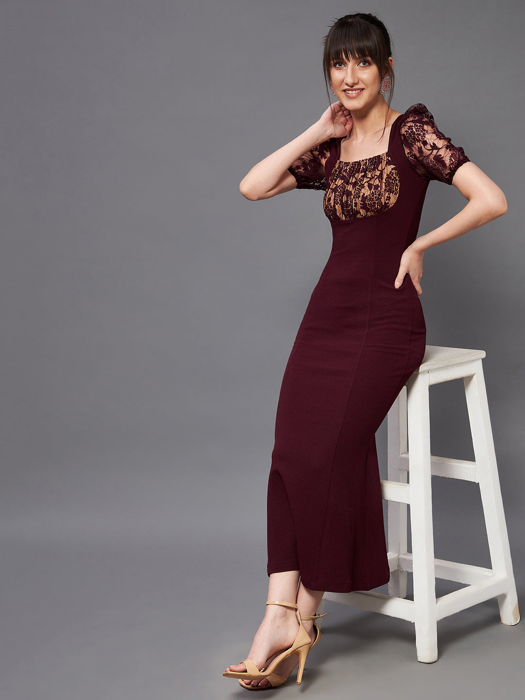 Crease Ease Women's Wine Square Neck Short Puff Sleeve Lace Bodycon Midi Dress