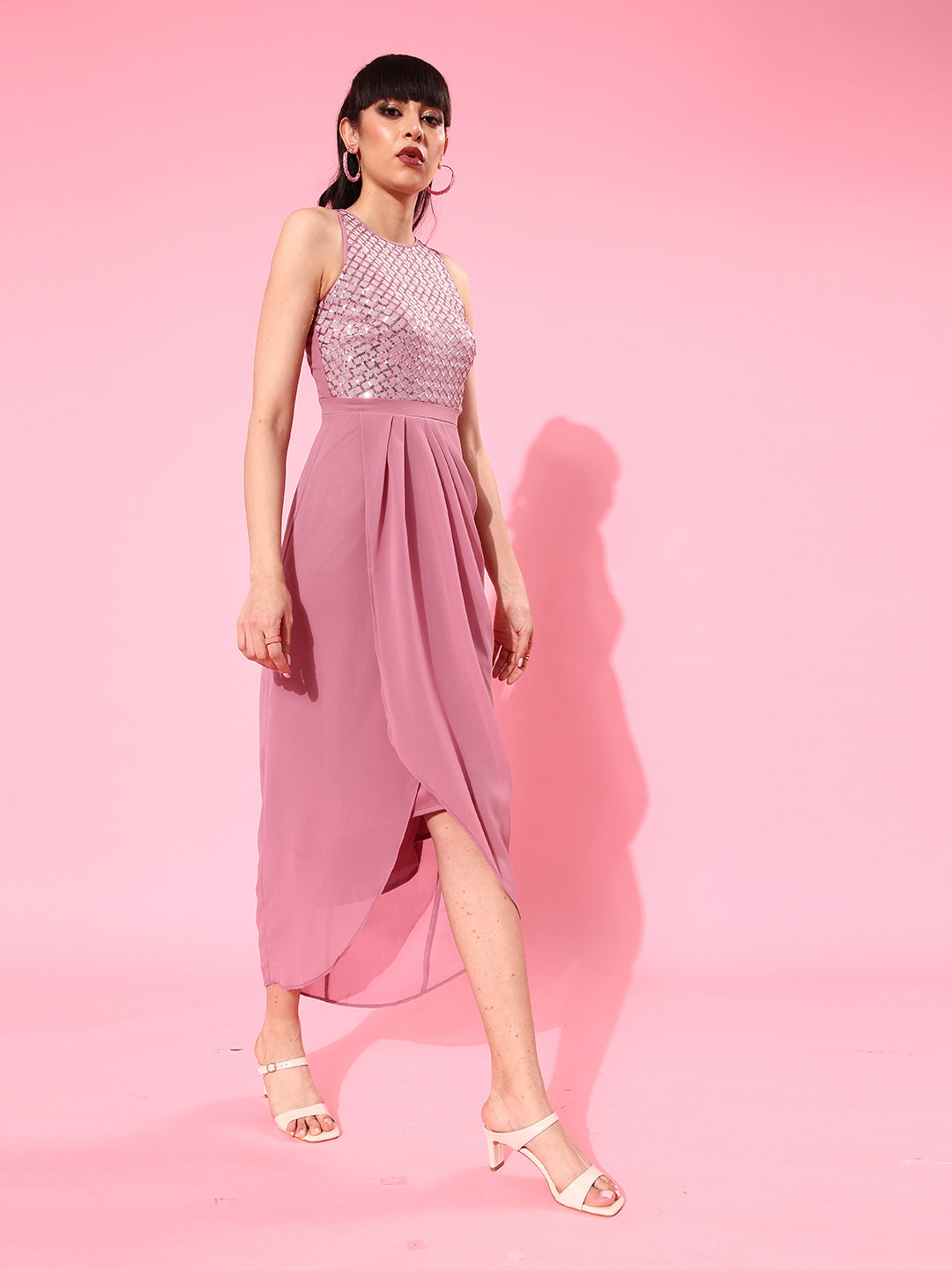 Women's Dusty Lavender Round Neck Sleeveless Embellished Midi Dress