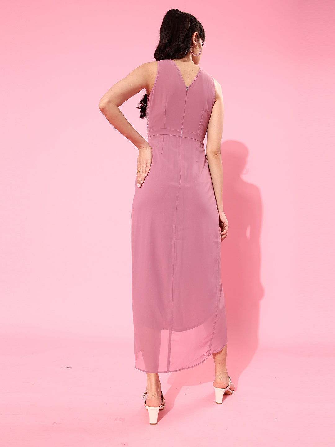 Women's Dusty Lavender Round Neck Sleeveless Embellished Midi Dress