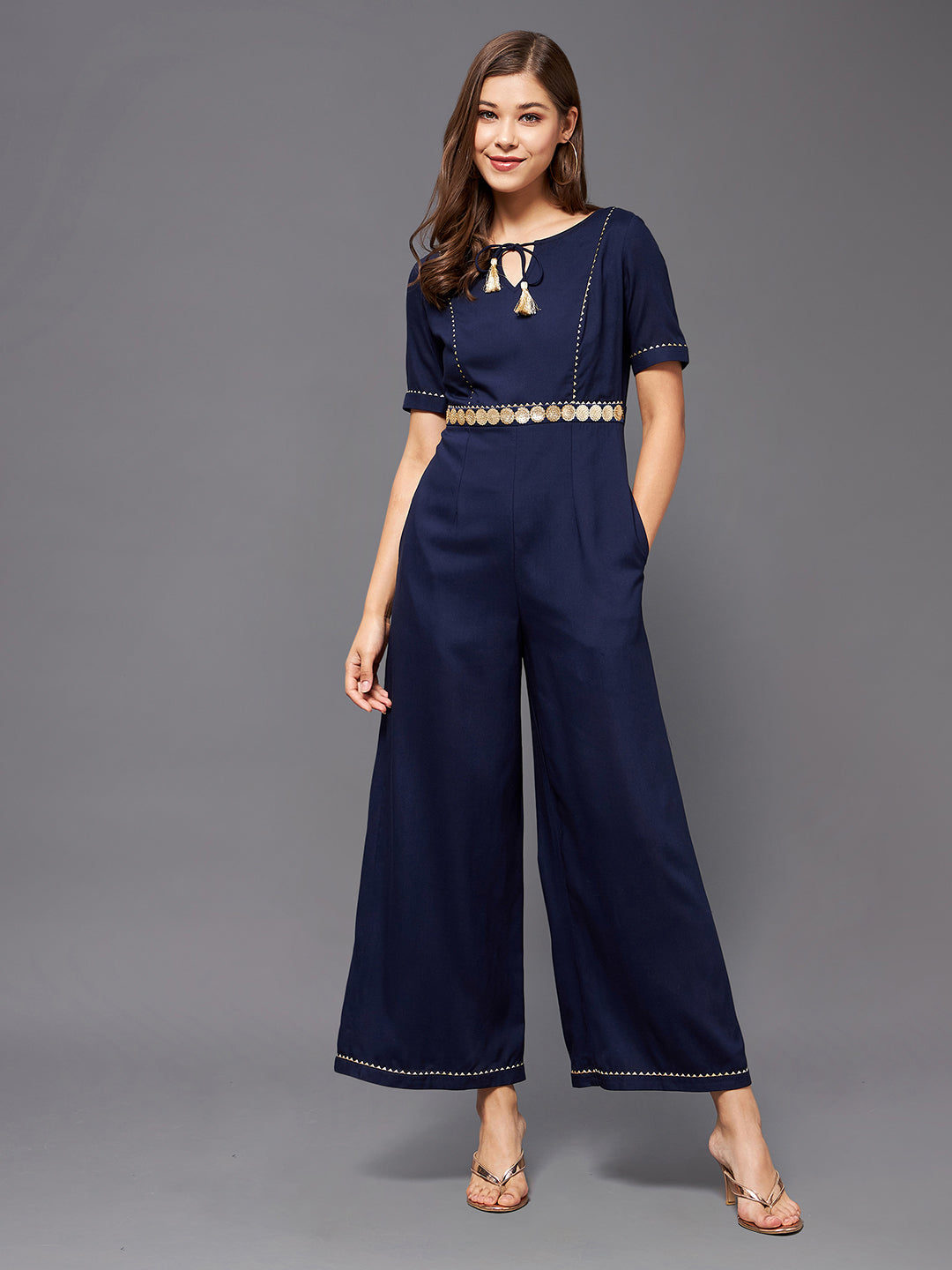 Women's Navy Blue Round Neck Half Sleeve Viscose Rayon Embellished Straight Leg Regular Jumpsuit