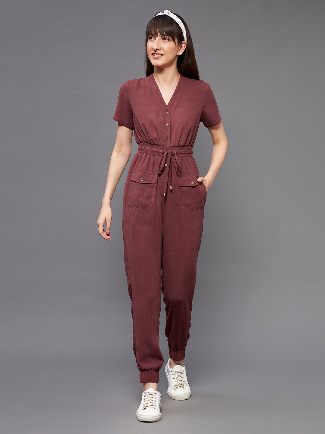 Women's Light Burgundy V-Neck Short Sleeve Solid Straight Leg Polyester Regular Jumpsuit