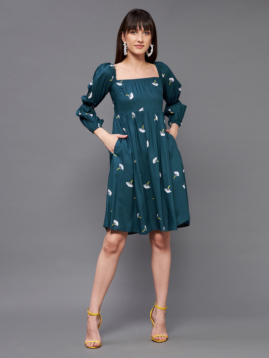 Women's Multicolored-Base-Teal Square Bishop Sleeve Viscose Rayon Floral Gathered Above Knee Dress
