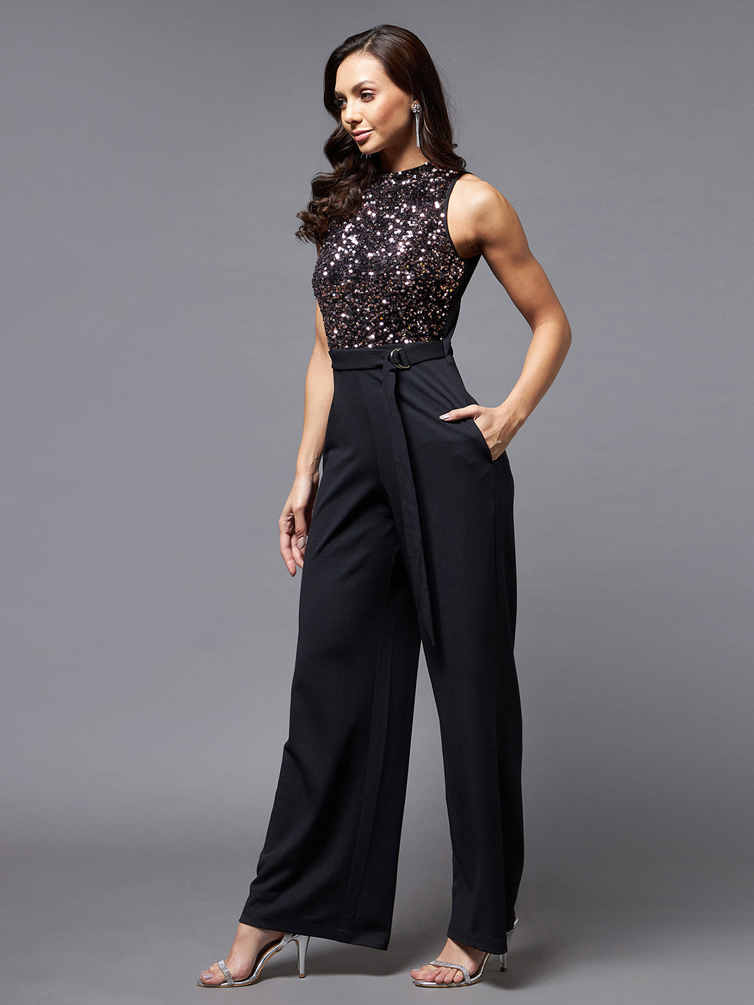 Crease Ease Cocktail Women's Black And Lavender Sequined Party Jumpsuit