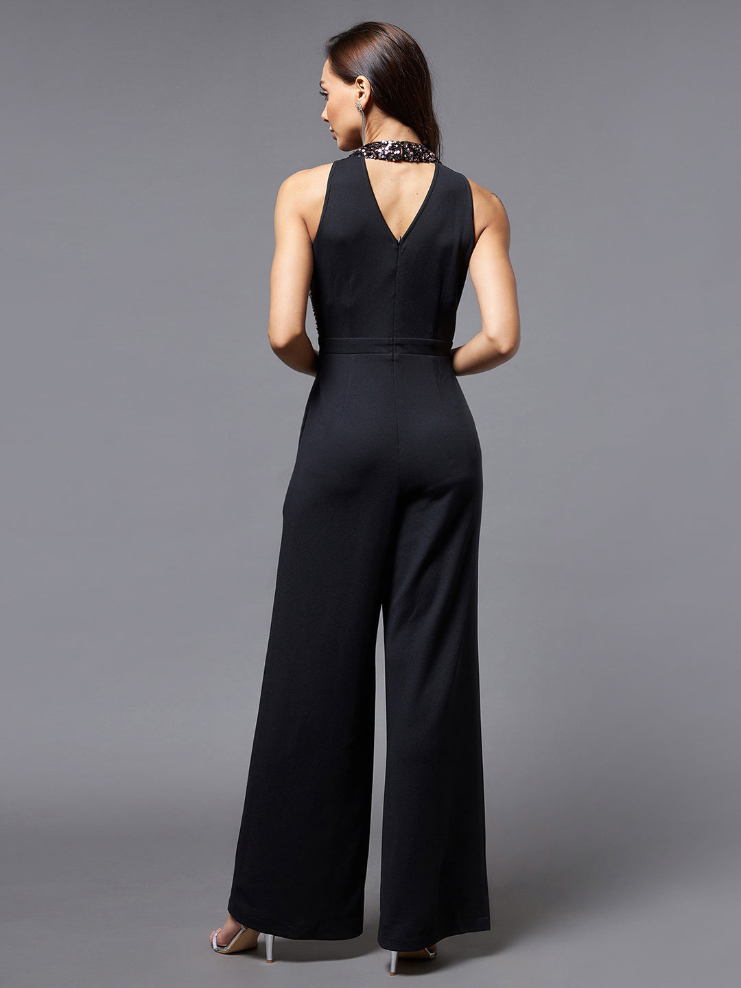 Crease Ease Cocktail Women's Black And Lavender Sequined Party Jumpsuit