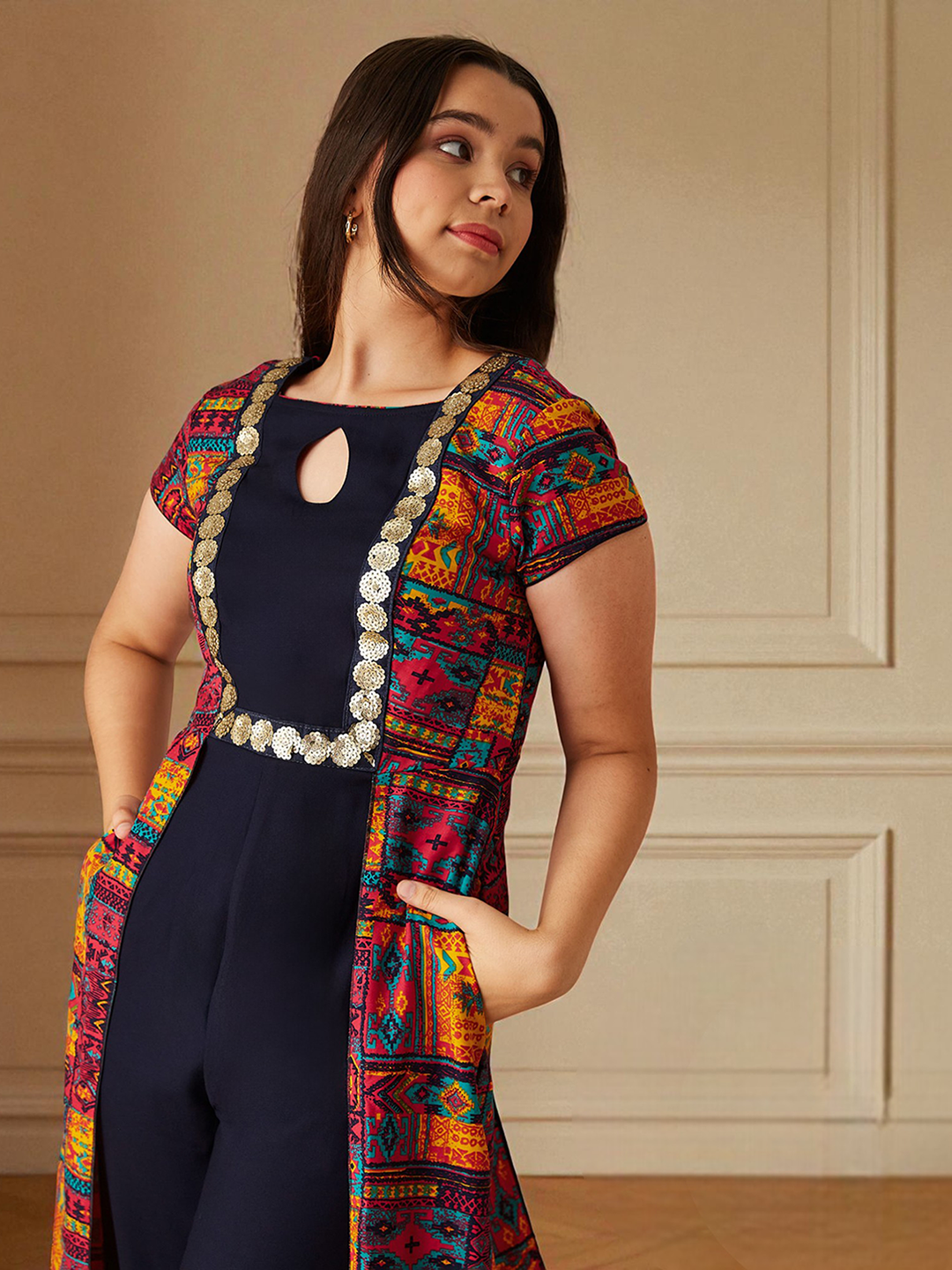 Multicolored-Base-Navy-Blue Keyhole-Neck Regular Sleeve Bohemian Paneled Viscose-Rayon Regular-Length Jumpsuit for Girls/Teenagers