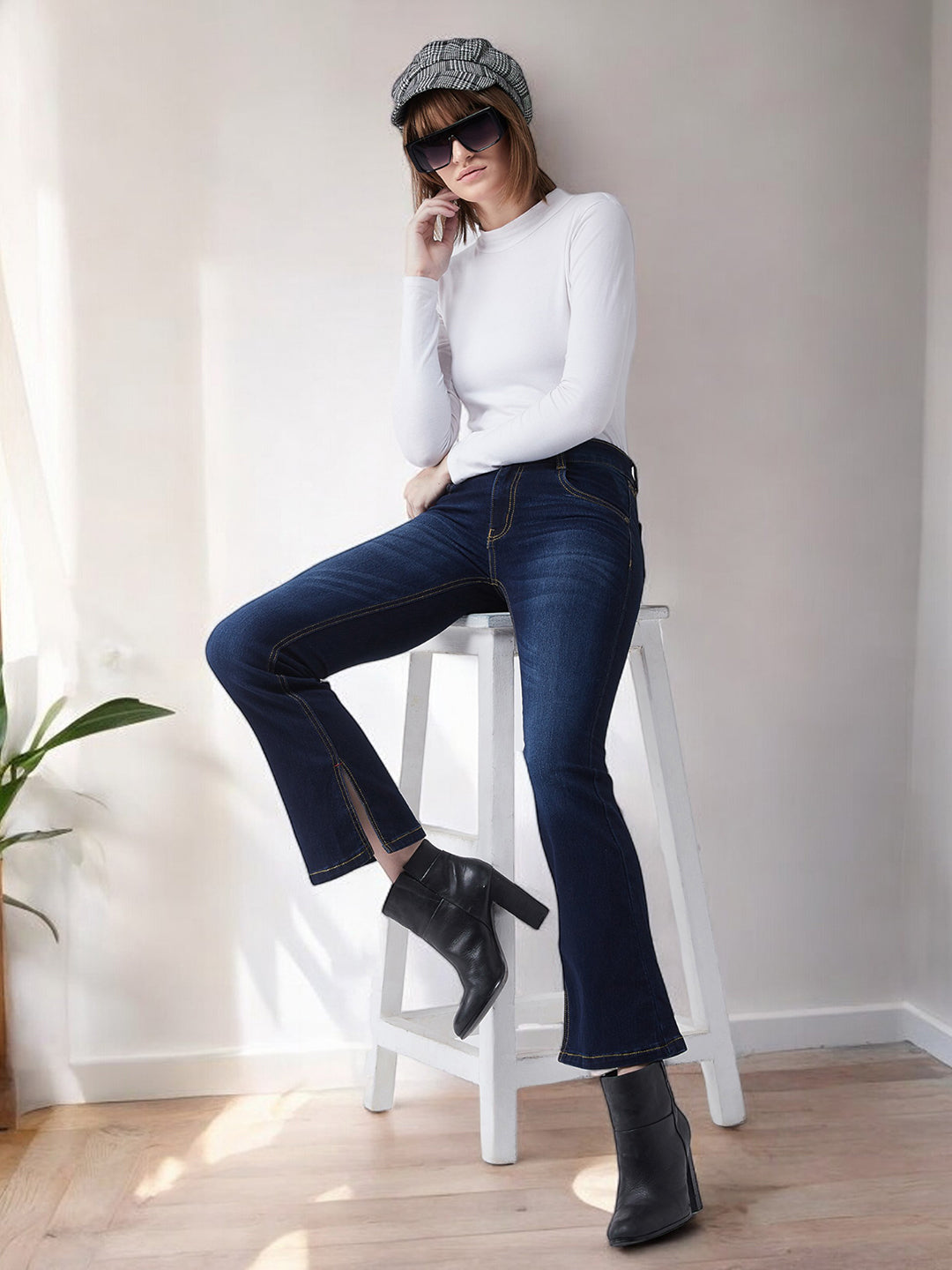 24/7 Comfort Women's Timeless Blue Bell Bottom Mid Rise Regular Length Denim Stretchable Jeans