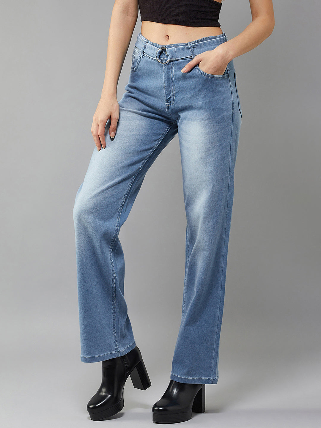 24/7 Comfort Women's Blue Cotton Wide-Leg Relaxed Mid Rise Regular Length Stretchable Denim Jeans