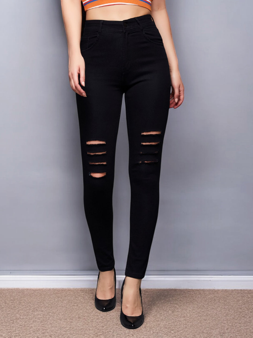 Women's Black Slim-Fit High-Rise Mild-Distressed Ripped Denim Stretchable Jeans