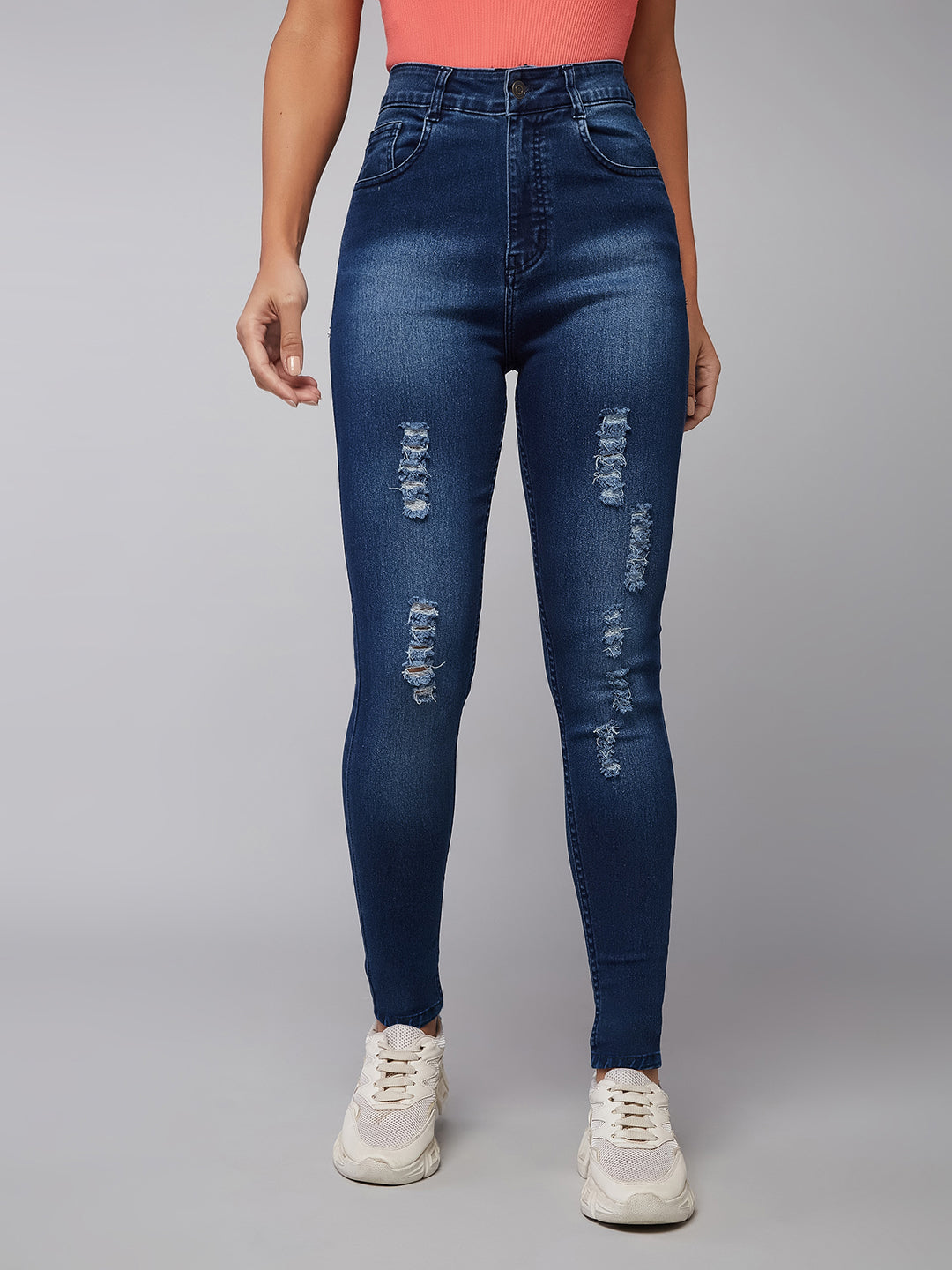 Women's Blue Skinny Fit Mid Rise Mildly Distressed Regular Length Ripped Denim Jeans