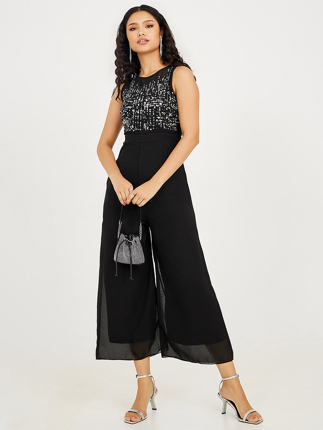 Women's Black Boat Neck Sleeveless Solid Embellished Regular Length Jumpsuit