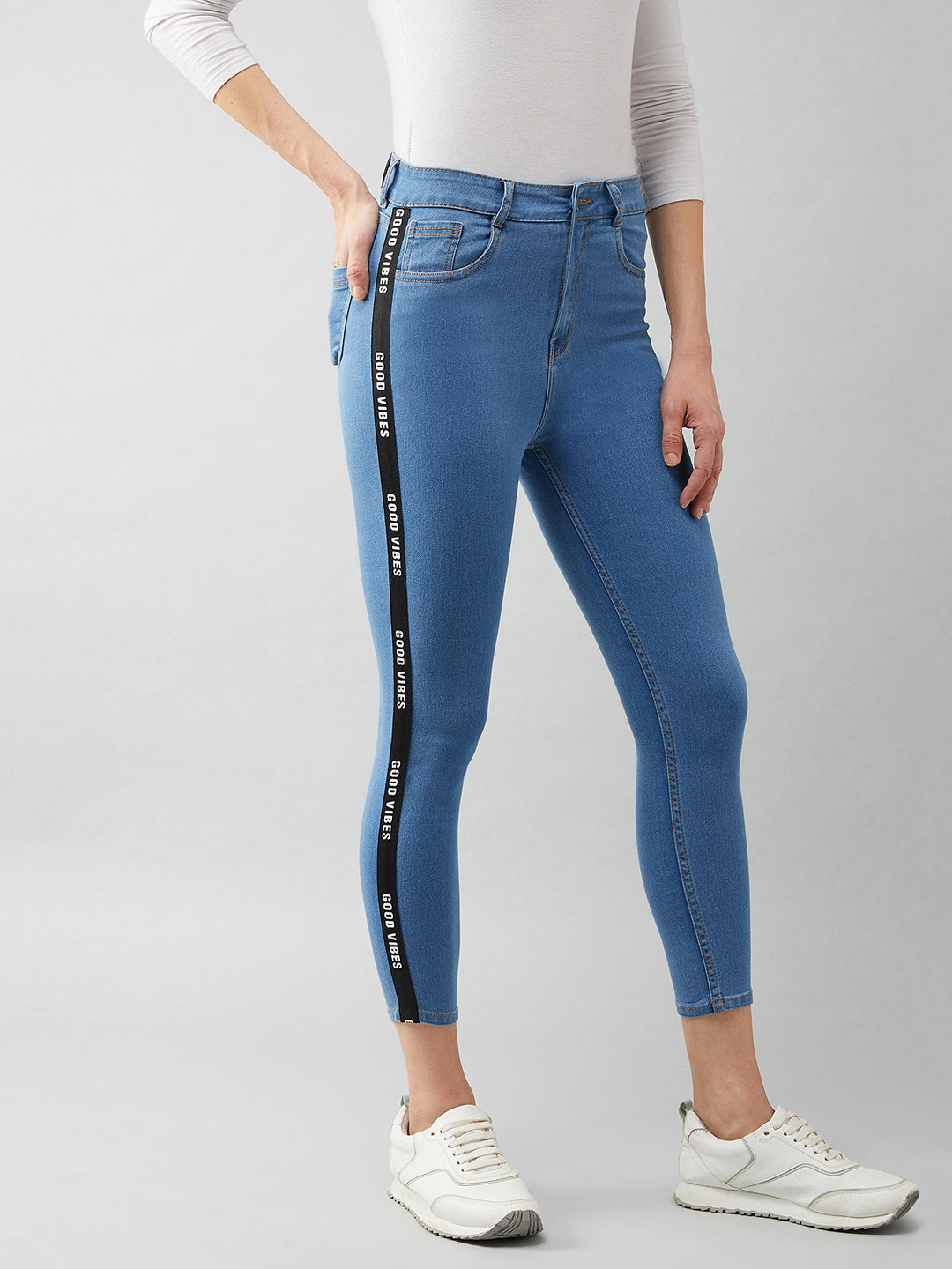 Women's Blue Skinny Fit High Rise Cropped Denim Stretchable Jeans