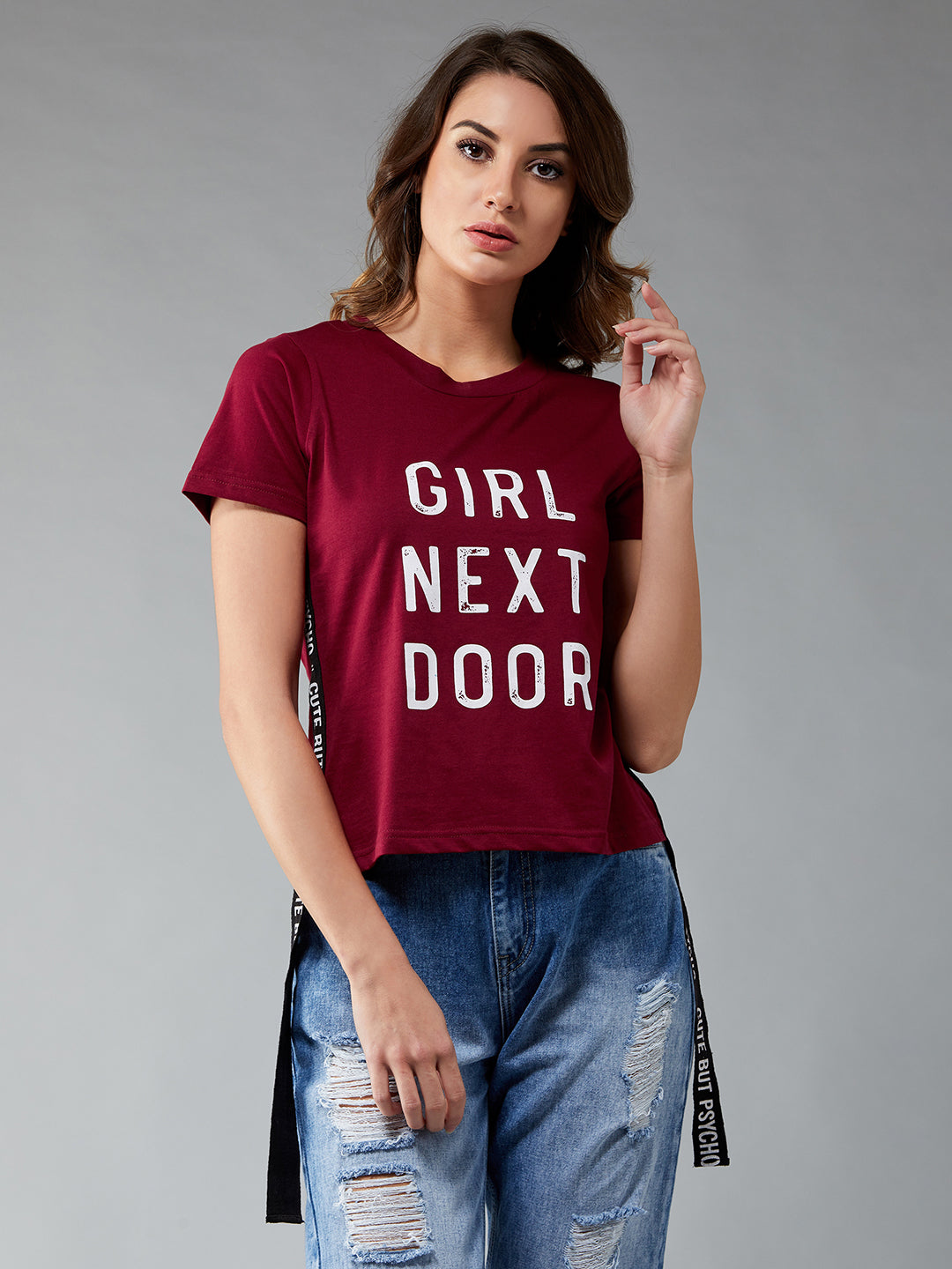 Women's Maroon Round Neck Short Sleeve Printed Basic Crop T-Shirt