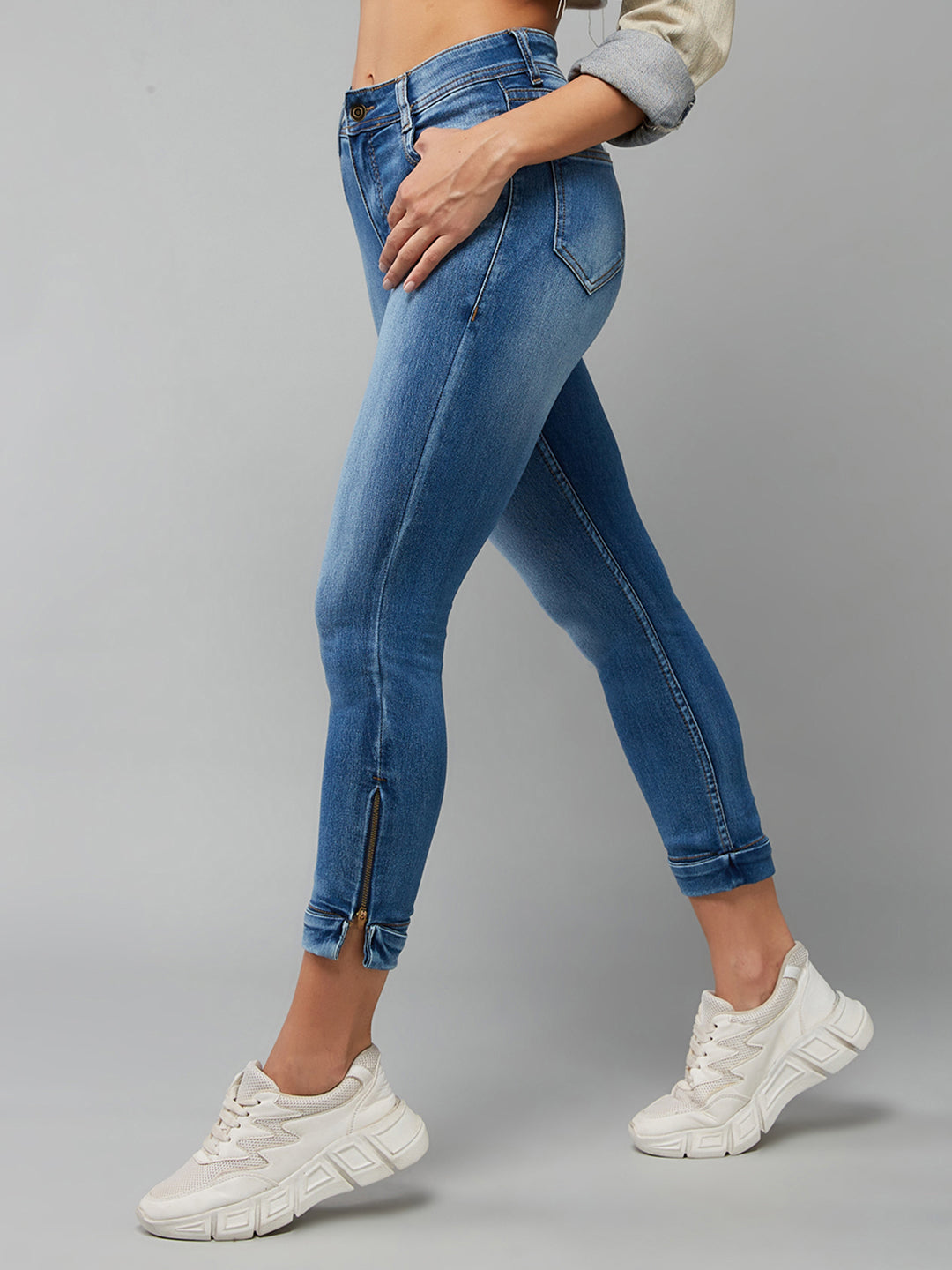 Women's Blue Skinny Fit High Rise Ankle Length Acid Wash Blast Effect Denim Stretchable Jeans