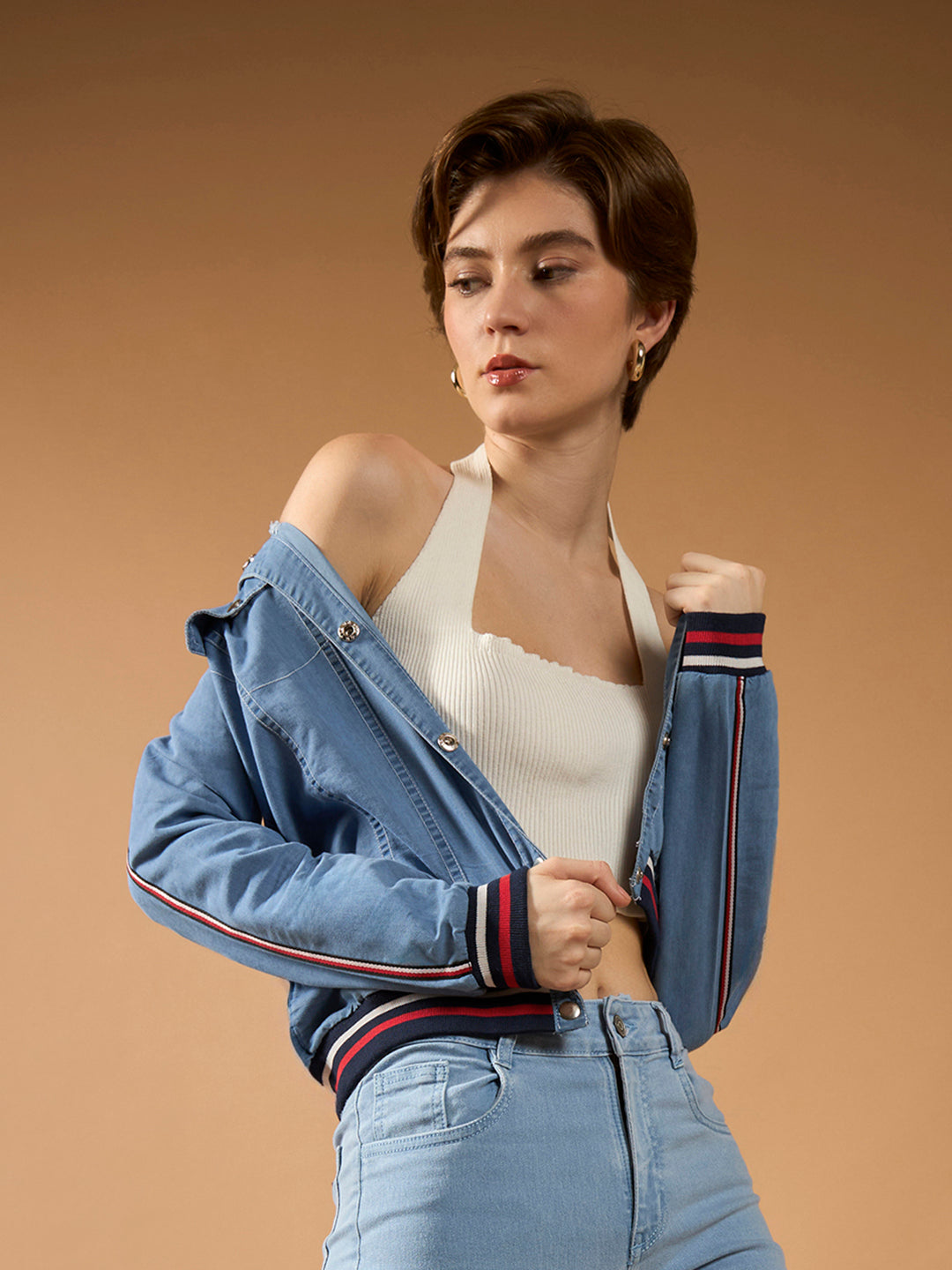 Women's Light Blue Polo Neck Full Sleeve Solid Buttoned Rib And Twill Tape Detailing Bomber Denim Jacket