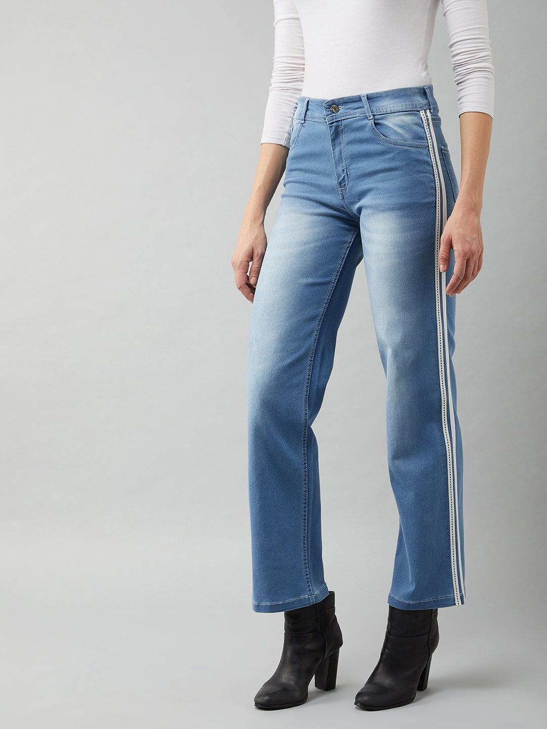 24/7 Comfort Women's Blue Cotton Wide-Leg Relaxed Mid Rise Regular Length Stretchable Denim Jeans