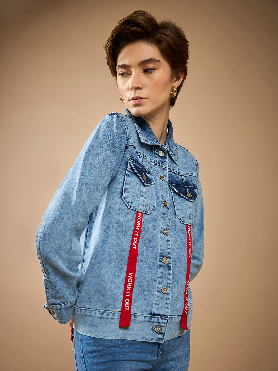 Women's Light Blue Collared Full Sleeve Buttoned Twill Tape Detailing Solid Denim Jacket