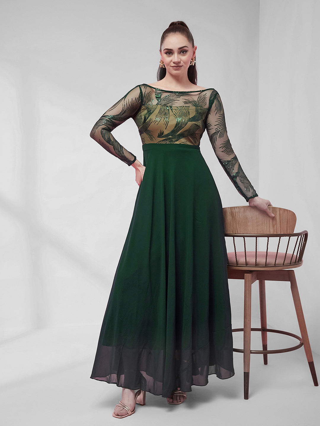 Green & Beige Solid Embellished Maxi Dress for Women