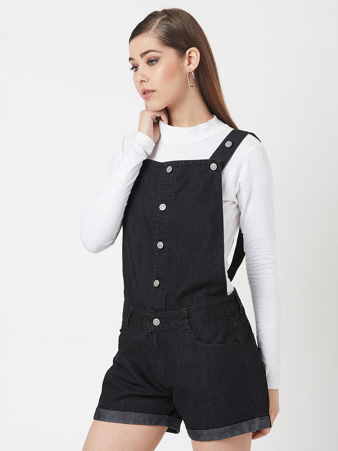 Women's Black Non-Stretchable Solid Mid Rise Regular Length Denim Dungarees