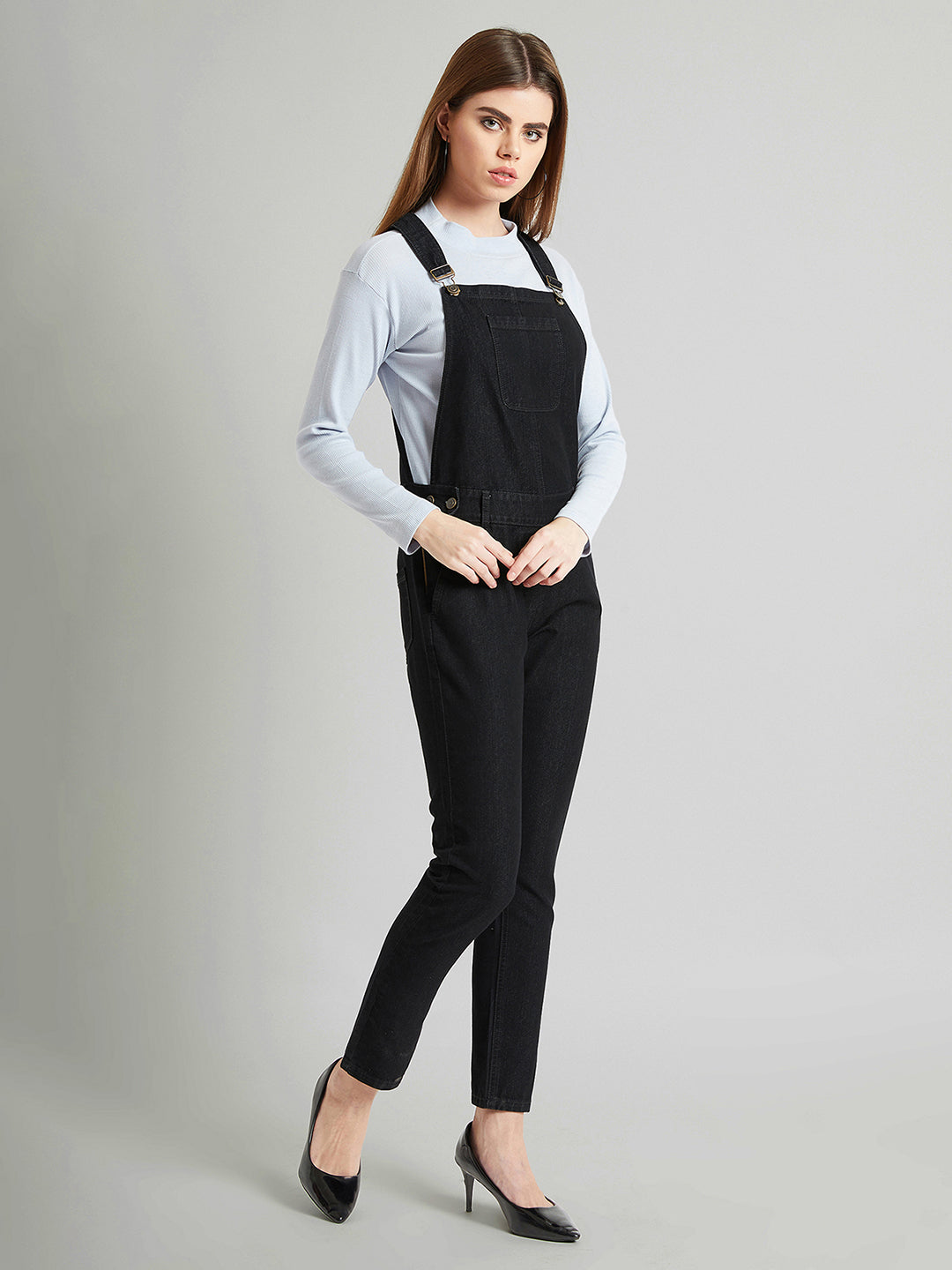 Women's Black High Rise Sretchable Skinny Denim Dungaree