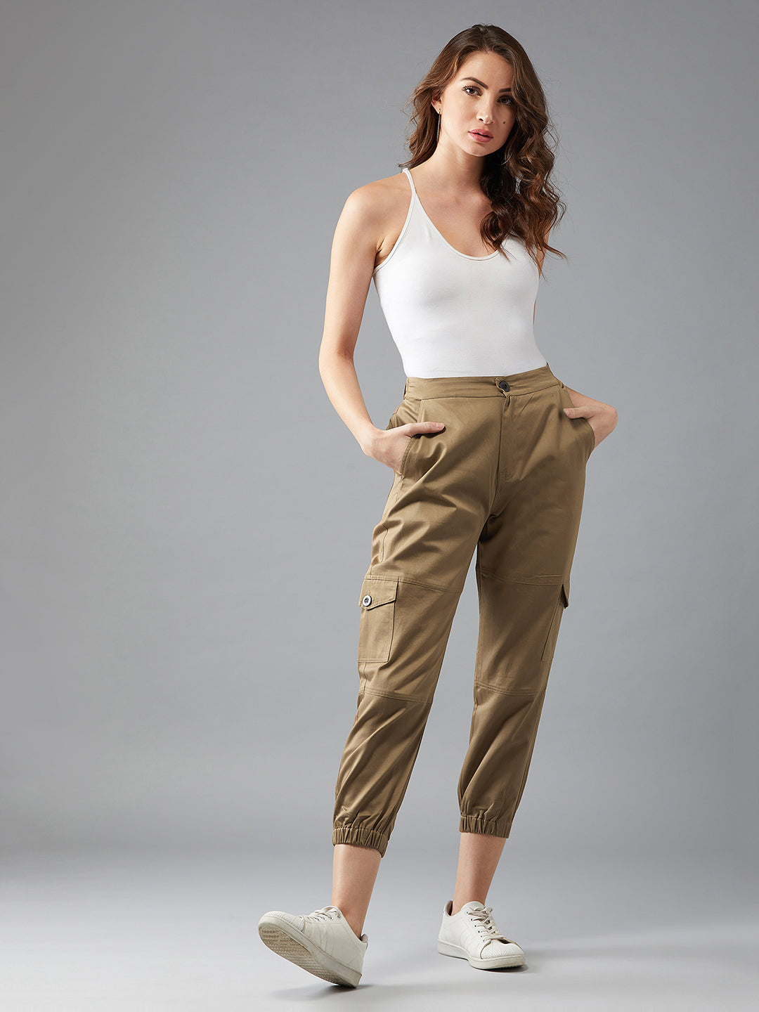 Women's Olive Green Solid Panelled Elasticated Cropped Length Joggers