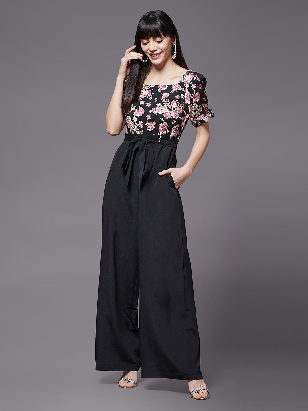 Women's Multicolored-Base-Black Square neck Puff Sleeve Floral Tie-up Regular Jumpsuit