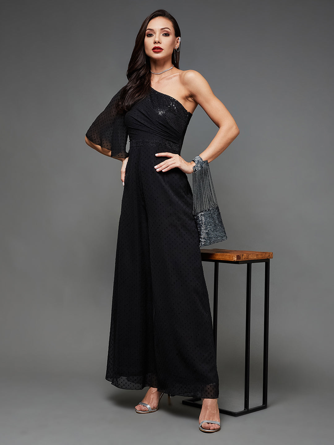 Women's Cocktail Black Flared Sleeve Sequined One Shoulder Chiffon Party Jumpsuit