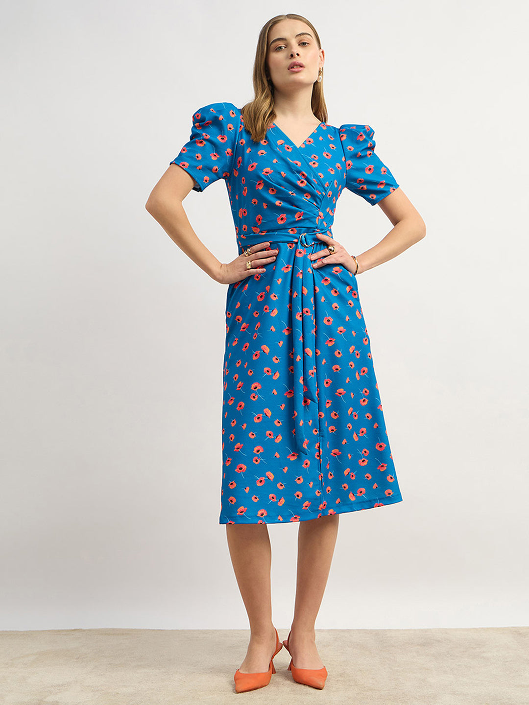Women's Multicolored-Base-Blue V-Neck Pleated Puff Sleeve Floral Patterned Wrap Midi Polyester Dress