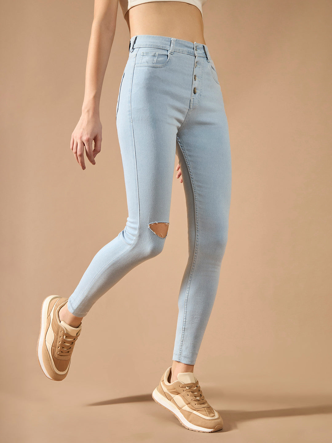 Women's Light Blue Skinny High-Rise Distressed Denim Jeans